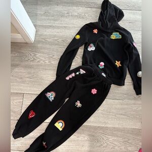 Lola + The Boys Black Hoodie & Sweatpants Matching Set with Colorful Patches